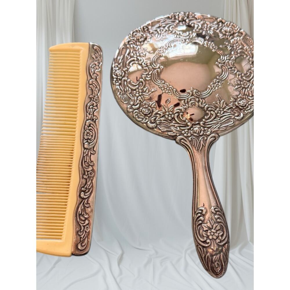 Vintage Vanity Set Hand Mirror & Comb Ornate Floral Silver Tone 1920s–50s